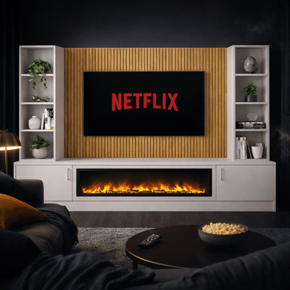 Large 60" Fireplace Media Wall Entertainment with Smooth Door Base & Double Shelving Unit - For Up to 110" TVs 12 - Online Bedrooms