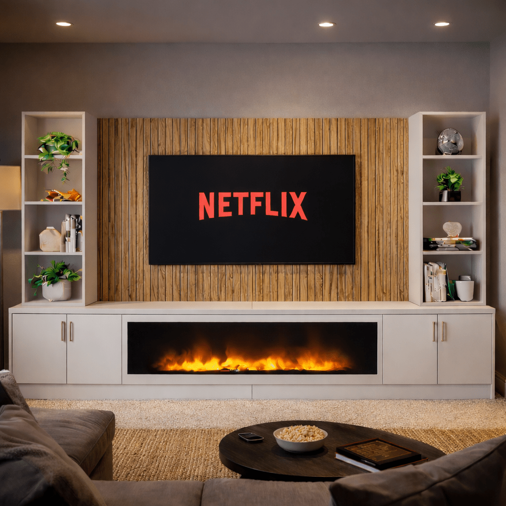 Large 60" Fireplace Media Wall Entertainment with Smooth Door Base & Double Shelving Unit - For Up to 110" TVs 1 - Online Bedrooms