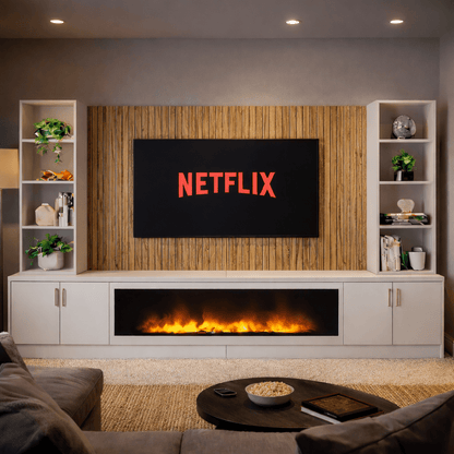 Large 60" Fireplace Media Wall Entertainment with Smooth Door Base & Double Shelving Unit - For Up to 110" TVs 1 - Online Bedrooms