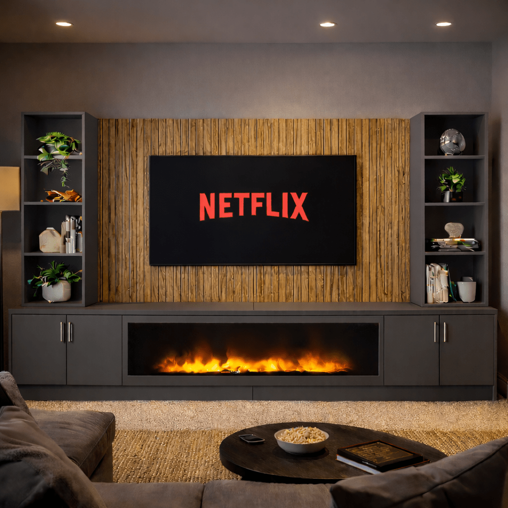Large 60" Fireplace Media Wall Entertainment with Smooth Door Base & Double Shelving Unit - For Up to 110" TVs 11 - Online Bedrooms