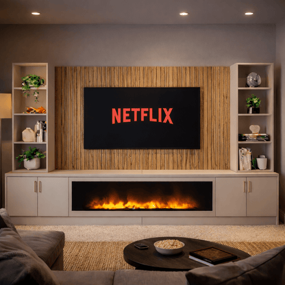 Large 60" Fireplace Media Wall Entertainment with Smooth Door Base & Double Shelving Unit - For Up to 110" TVs 13 - Online Bedrooms