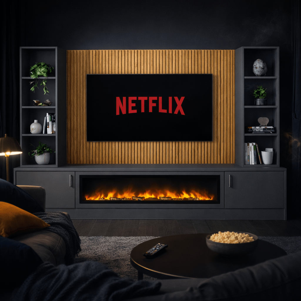 Large 60" Fireplace Media Wall Entertainment with Smooth Door Base & Double Shelving Unit - For Up to 110" TVs 13 - Online Bedrooms