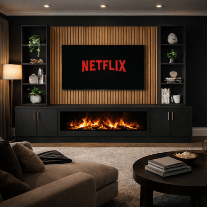 Large 60" Fireplace Media Wall Entertainment with Smooth Door Base & Double Shelving Unit - For Up to 120" TVs 1 - Online Bedrooms