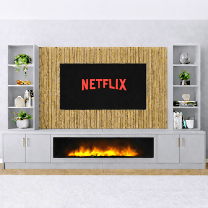 Large 60" Fireplace Media Wall Entertainment with Smooth Door Base & Double Shelving Unit - For Up to 120" TVs 5 - Online Bedrooms