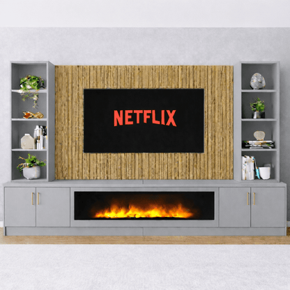 Large 60" Fireplace Media Wall Entertainment with Smooth Door Base & Double Shelving Unit - For Up to 120" TVs 3 - Online Bedrooms