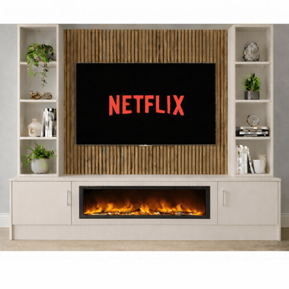 Large 60" Fireplace Media Wall Entertainment with Smooth Door Base & Double Shelving Unit - For Up to 120" TVs 14 - Online Bedrooms