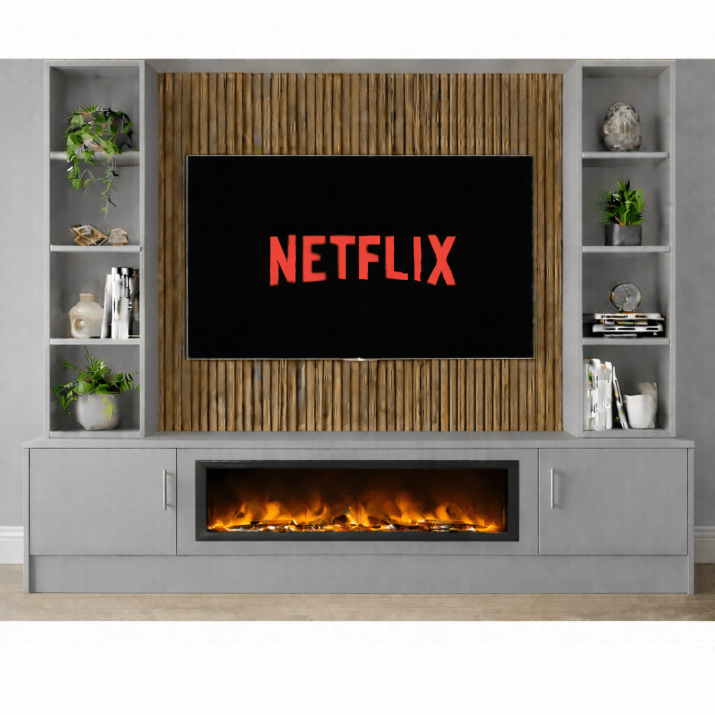 Large 60" Fireplace Media Wall Entertainment with Smooth Door Base & Double Shelving Unit - For Up to 120" TVs 13 - Online Bedrooms