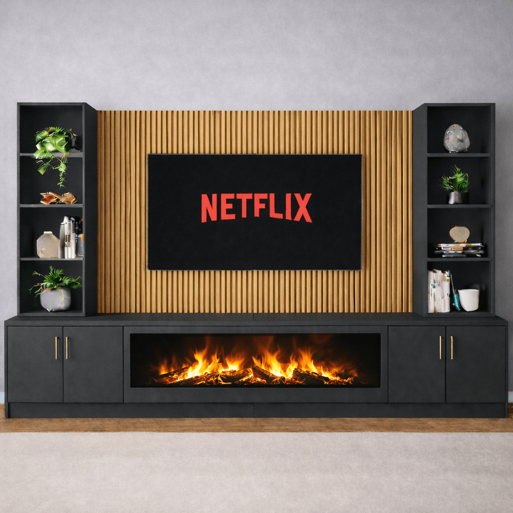 Large 60" Fireplace Media Wall Entertainment with Smooth Door Base & Double Shelving Unit - For Up to 120" TVs 4 - Online Bedrooms