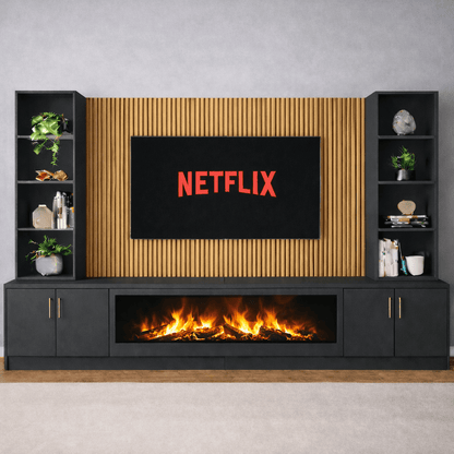 Large 60" Fireplace Media Wall Entertainment with Smooth Door Base & Double Shelving Unit - For Up to 120" TVs 4 - Online Bedrooms