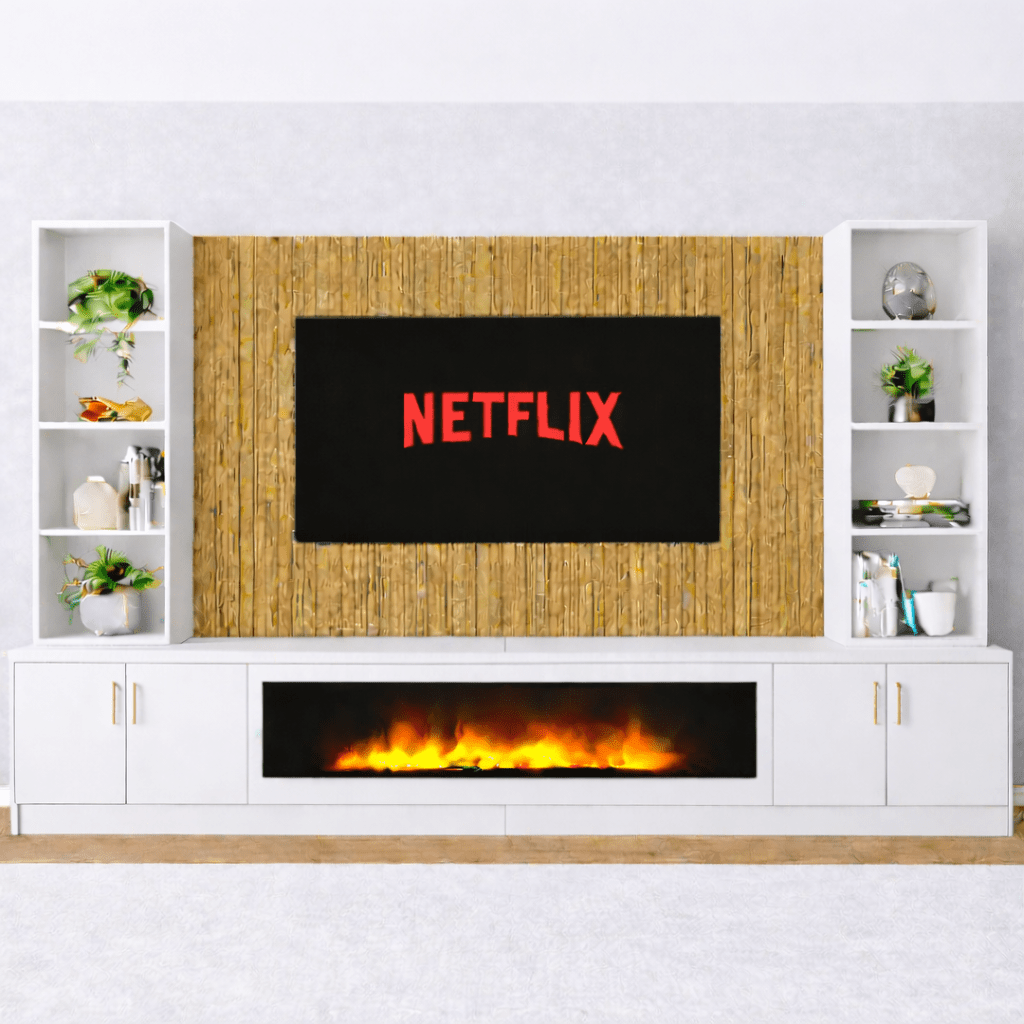 Large 60" Fireplace Media Wall Entertainment with Smooth Door Base & Double Shelving Unit - For Up to 120" TVs 7 - Online Bedrooms