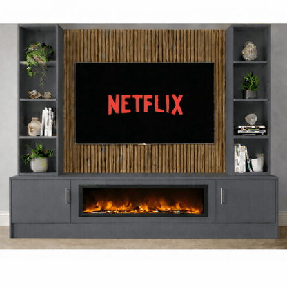 Large 60" Fireplace Media Wall Entertainment with Smooth Door Base & Double Shelving Unit - For Up to 120" TVs 12 - Online Bedrooms