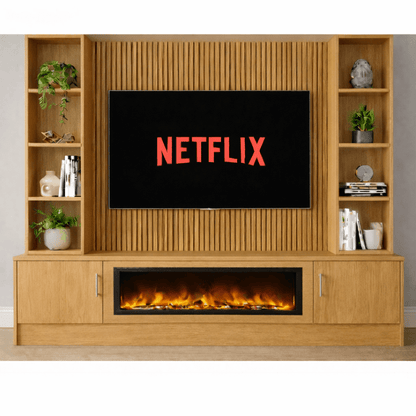 Large 60" Fireplace Media Wall Entertainment with Smooth Door Base & Double Shelving Unit - For Up to 120" TVs 10 - Online Bedrooms