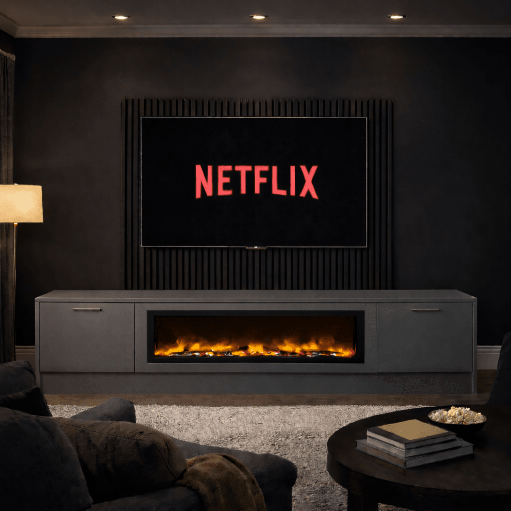 Large 60" Fireplace Media Wall Entertainment with Smooth Door Base - For Up to 130" TVs 4 - Online Bedrooms