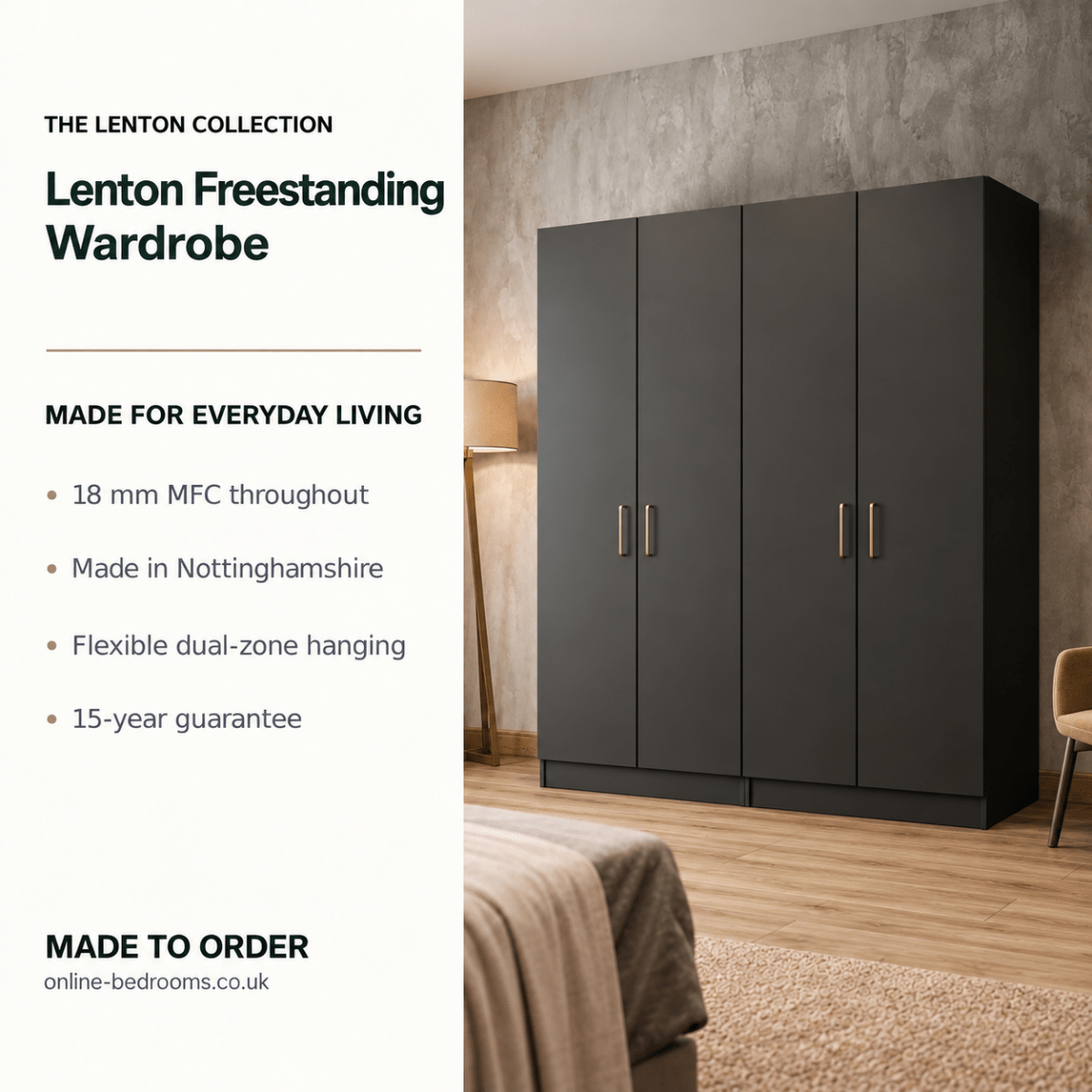Lenton Freestanding Wardrobe - W: 2000mm x H: 2100mm x D: 600mm 2 - Online Bedrooms
