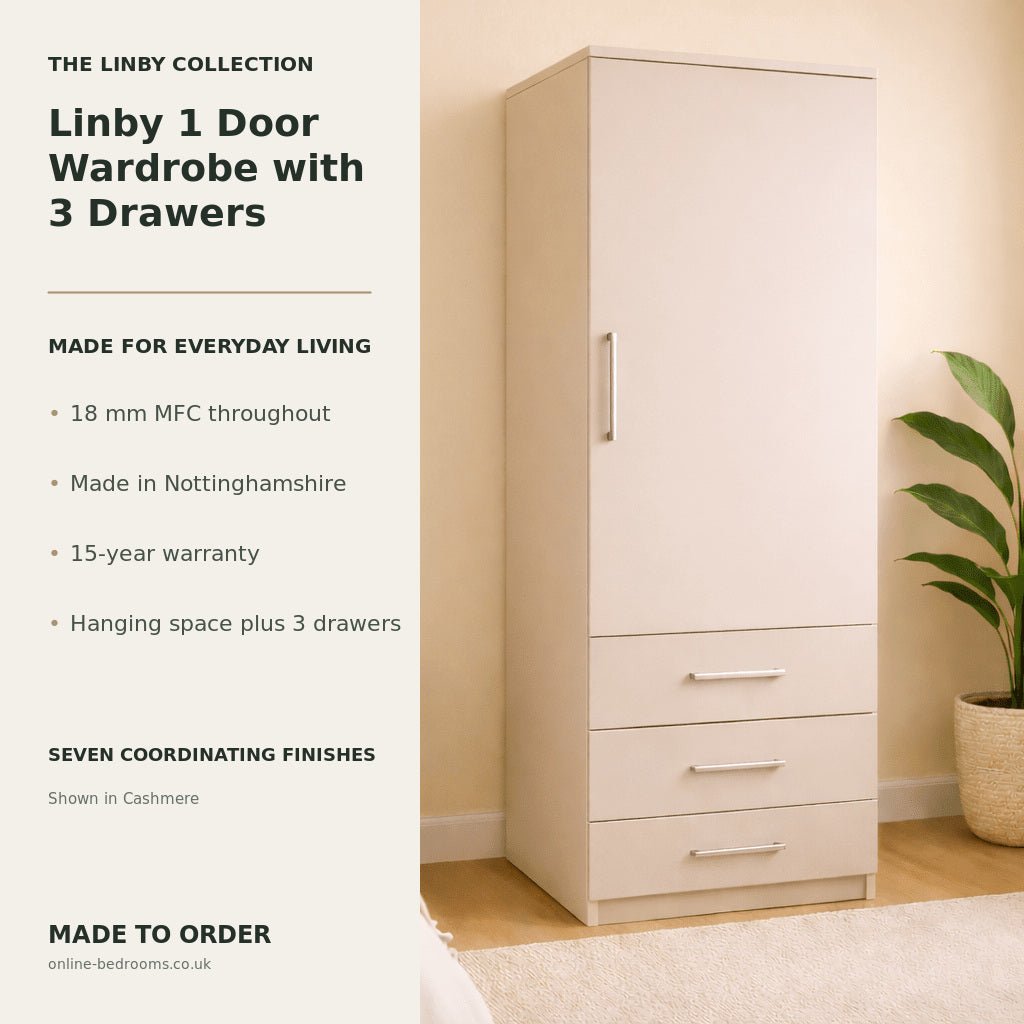 Linby 1 Door Wardrobe with 3 Drawers 2 - Online Bedrooms