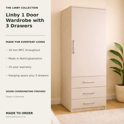 Linby 1 Door Wardrobe with 3 Drawers 2 - Online Bedrooms