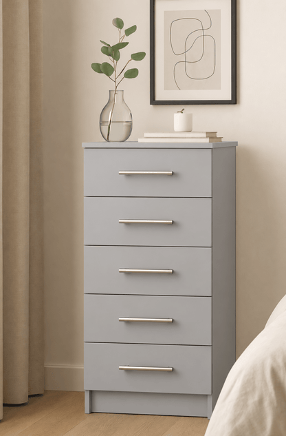 Linby Narrow 5 Drawer Chest of Drawers in Light Grey