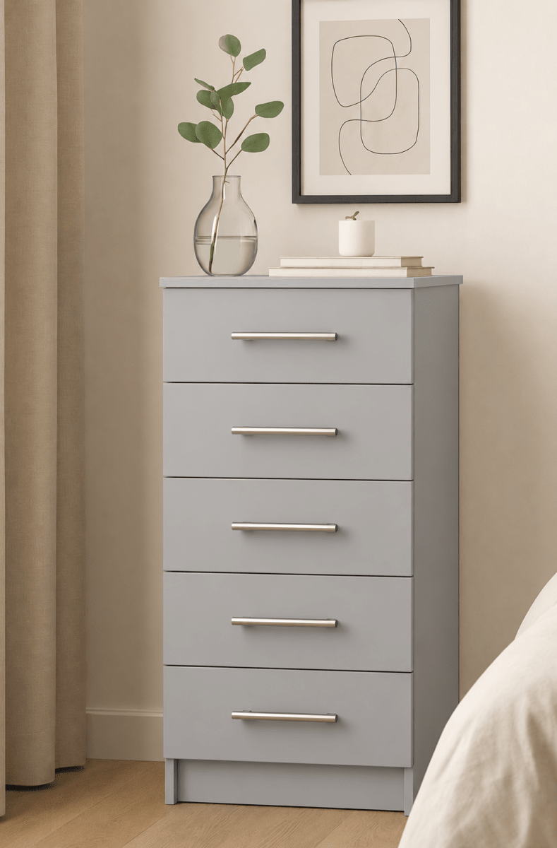 Linby Narrow 5 Drawer Chest of Drawers in Light Grey