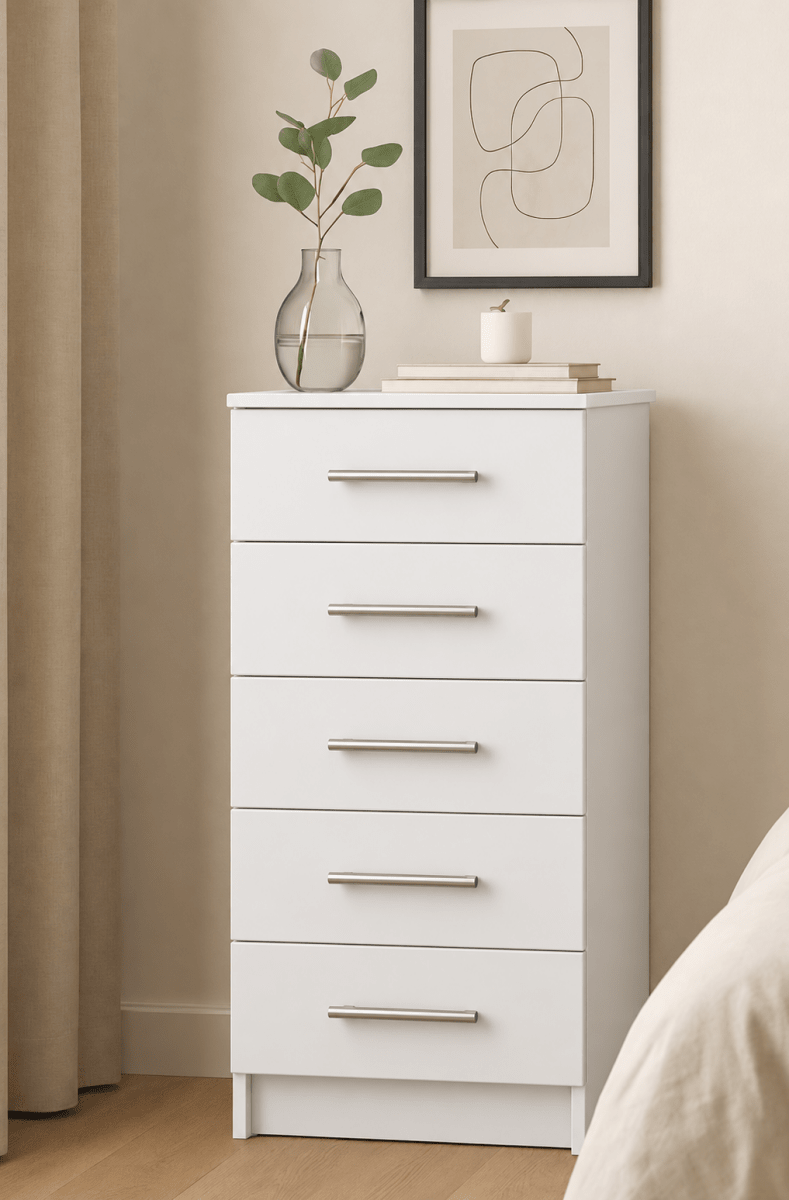 Linby Narrow 5 Drawer Chest of Drawers in White