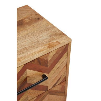 Mango Wood Two - Drawer Bedside Table with Handcrafted Chevron Front and Black Iron Legs, Boho 11 - Online Bedrooms