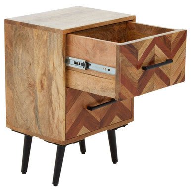 Mango Wood Two - Drawer Bedside Table with Handcrafted Chevron Front and Black Iron Legs, Boho 5 - Online Bedrooms
