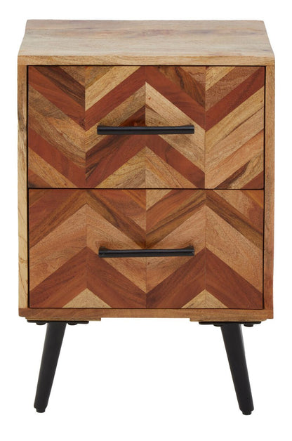 Mango Wood Two - Drawer Bedside Table with Handcrafted Chevron Front and Black Iron Legs, Boho 2 - Online Bedrooms