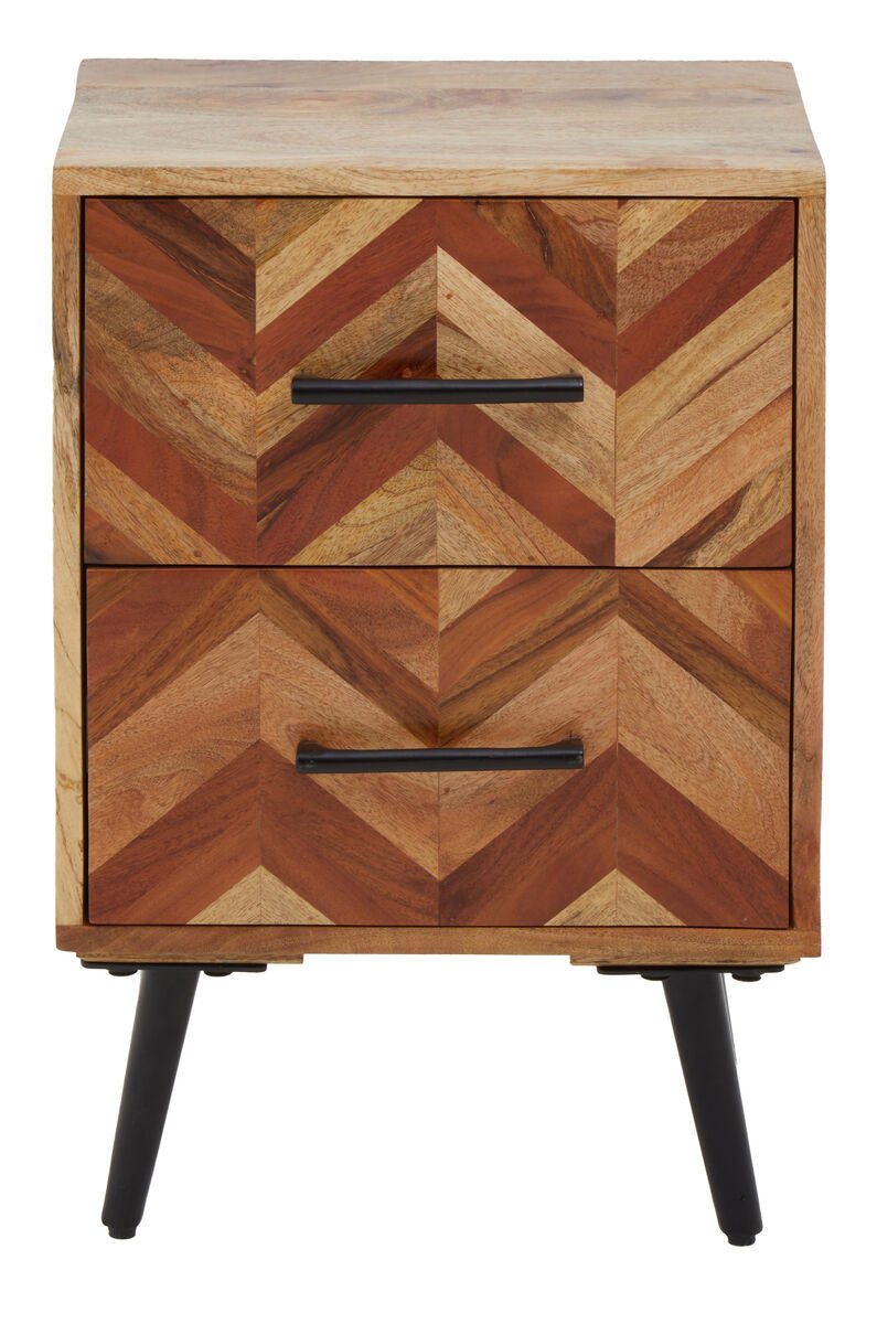 Mango Wood Two - Drawer Bedside Table with Handcrafted Chevron Front and Black Iron Legs, Boho 2 - Online Bedrooms