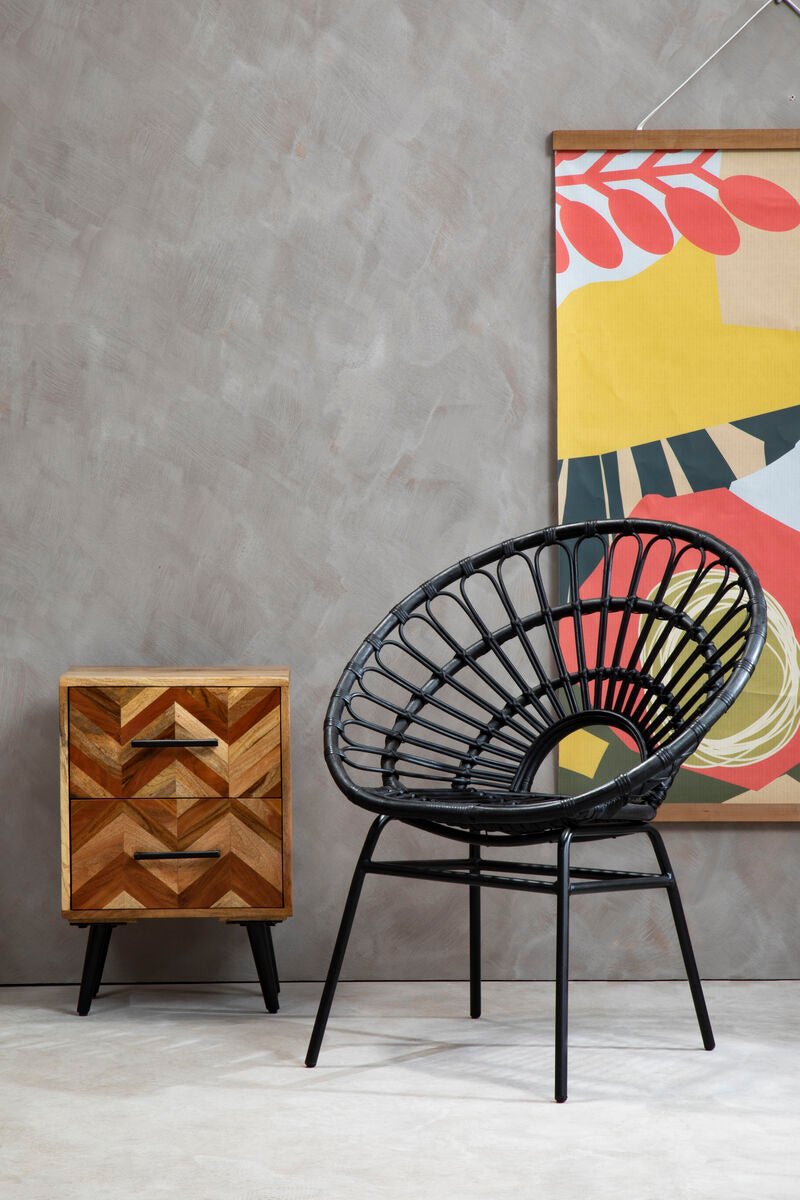 Mango Wood Two - Drawer Bedside Table with Handcrafted Chevron Front and Black Iron Legs, Boho 3 - Online Bedrooms