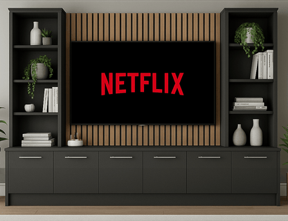 Media Wall Entertainment Base & Double Shelving Unit - For Up to 100" TVs 1 - Online Bedrooms