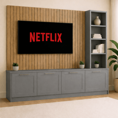 Media Wall Entertainment Shaker Base Unit - Right Hand Shelving - For Up to 130" TVs 7 - Online Bedrooms