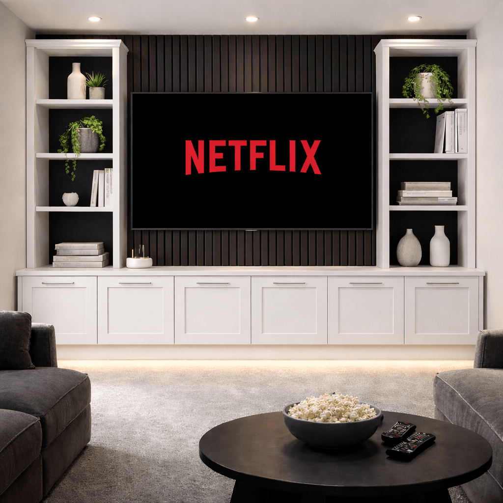 Media Wall Entertainment Shaker Door Base & Double Shelving Unit - For Up to 100" TVs 1 - Online Bedrooms