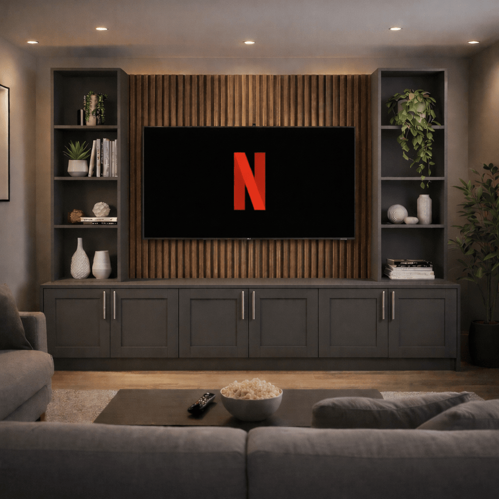 Media Wall Entertainment Shaker Door Base & Double Shelving Unit - For Up to 100" TVs 1 - Online Bedrooms
