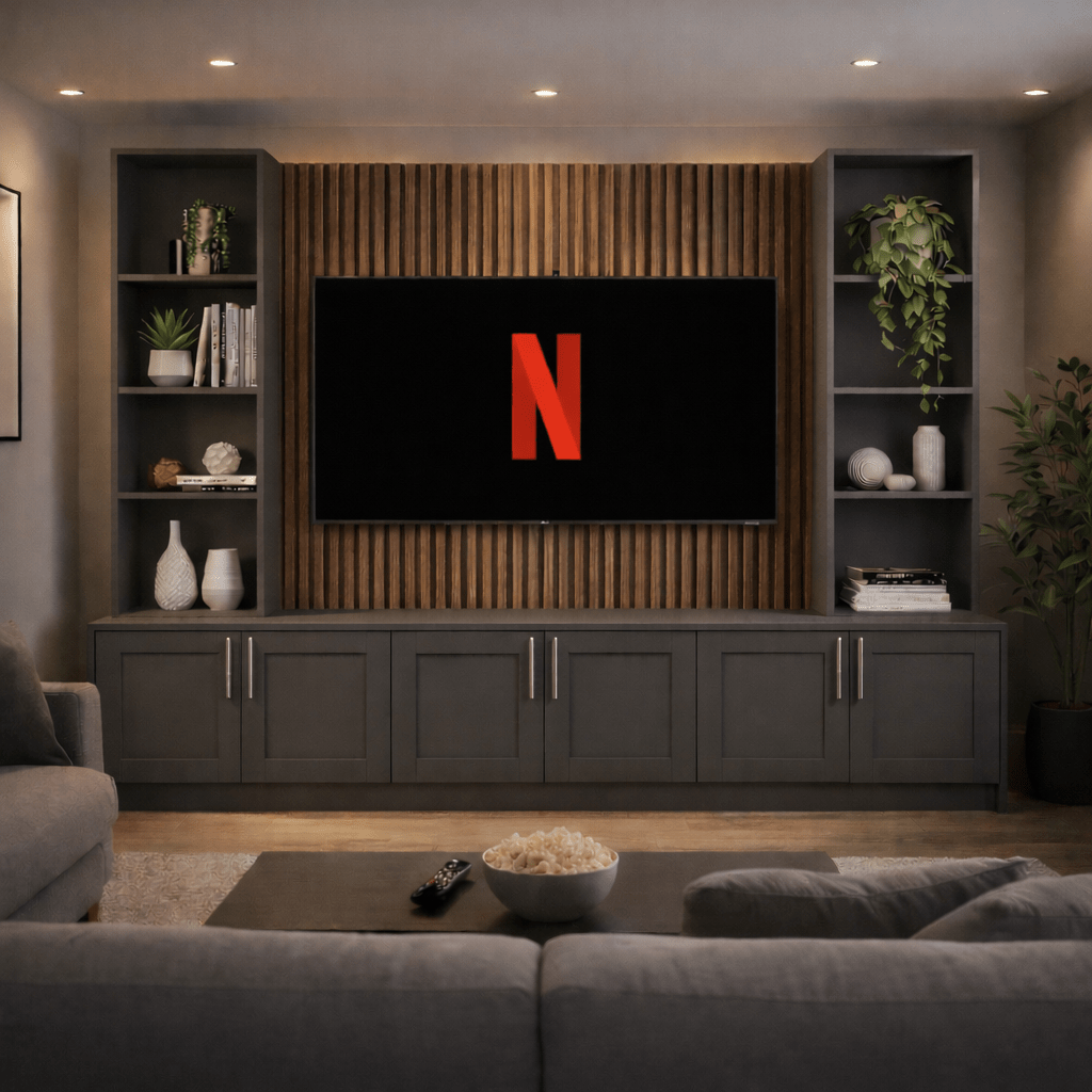Media Wall Entertainment Shaker Door Base & Double Shelving Unit - For Up to 100" TVs 1 - Online Bedrooms
