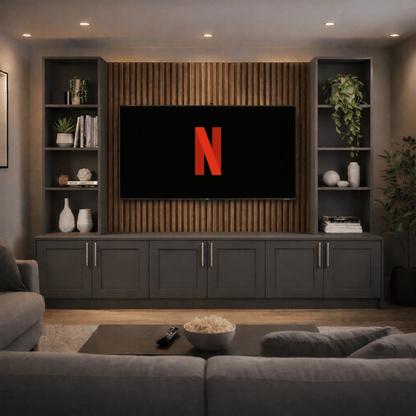 Media Wall Entertainment Shaker Door Base & Double Shelving Unit - For Up to 100" TVs 1 - Online Bedrooms