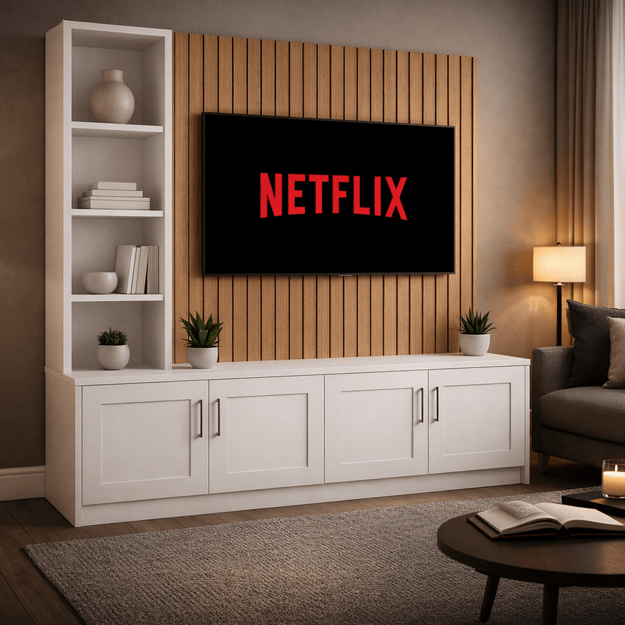 Media Wall Entertainment Shaker Door Base Unit - Left Hand Shelving - For Up to 130" TVs 1 - Online Bedrooms