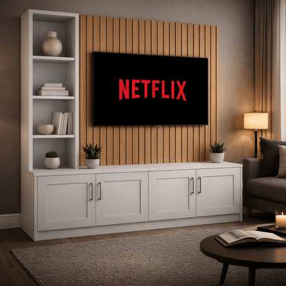 Media Wall Entertainment Shaker Door Base Unit - Left Hand Shelving - For Up to 130" TVs 5 - Online Bedrooms
