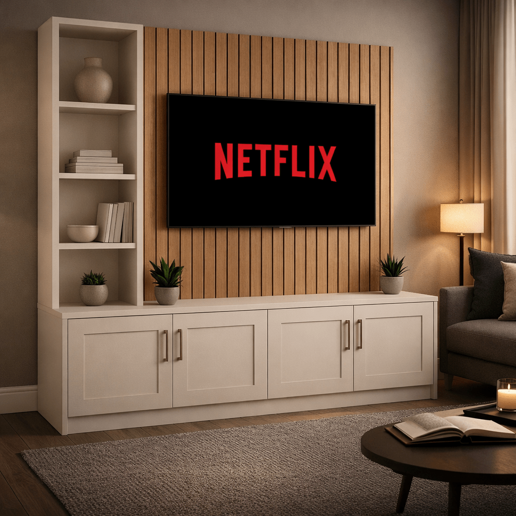 Media Wall Entertainment Shaker Door Base Unit - Left Hand Shelving - For Up to 130" TVs 2 - Online Bedrooms