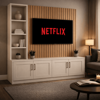 Media Wall Entertainment Shaker Door Base Unit - Left Hand Shelving - For Up to 130" TVs 2 - Online Bedrooms