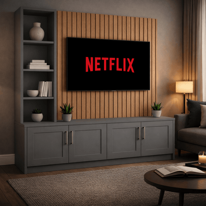 Media Wall Entertainment Shaker Door Base Unit - Left Hand Shelving - For Up to 130" TVs 4 - Online Bedrooms