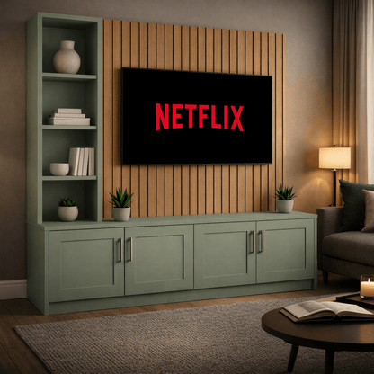 Media Wall Entertainment Shaker Door Base Unit - Left Hand Shelving - For Up to 130" TVs 6 - Online Bedrooms
