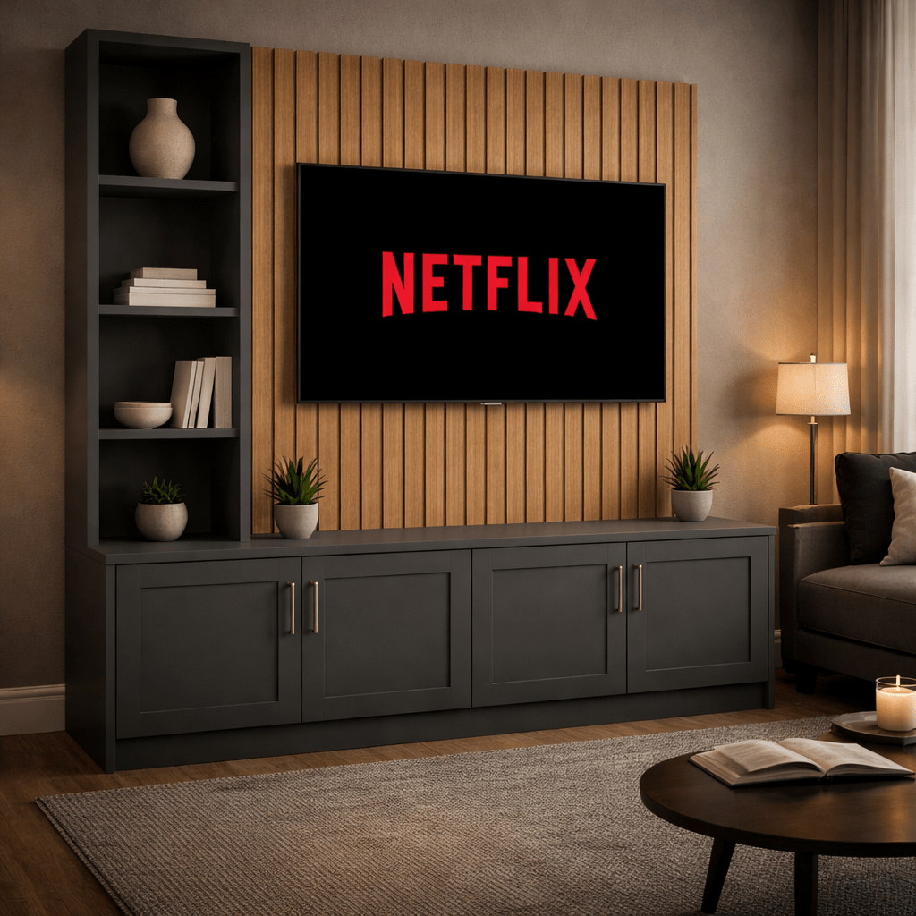 Media Wall Entertainment Shaker Door Base Unit - Left Hand Shelving - For Up to 130" TVs 3 - Online Bedrooms