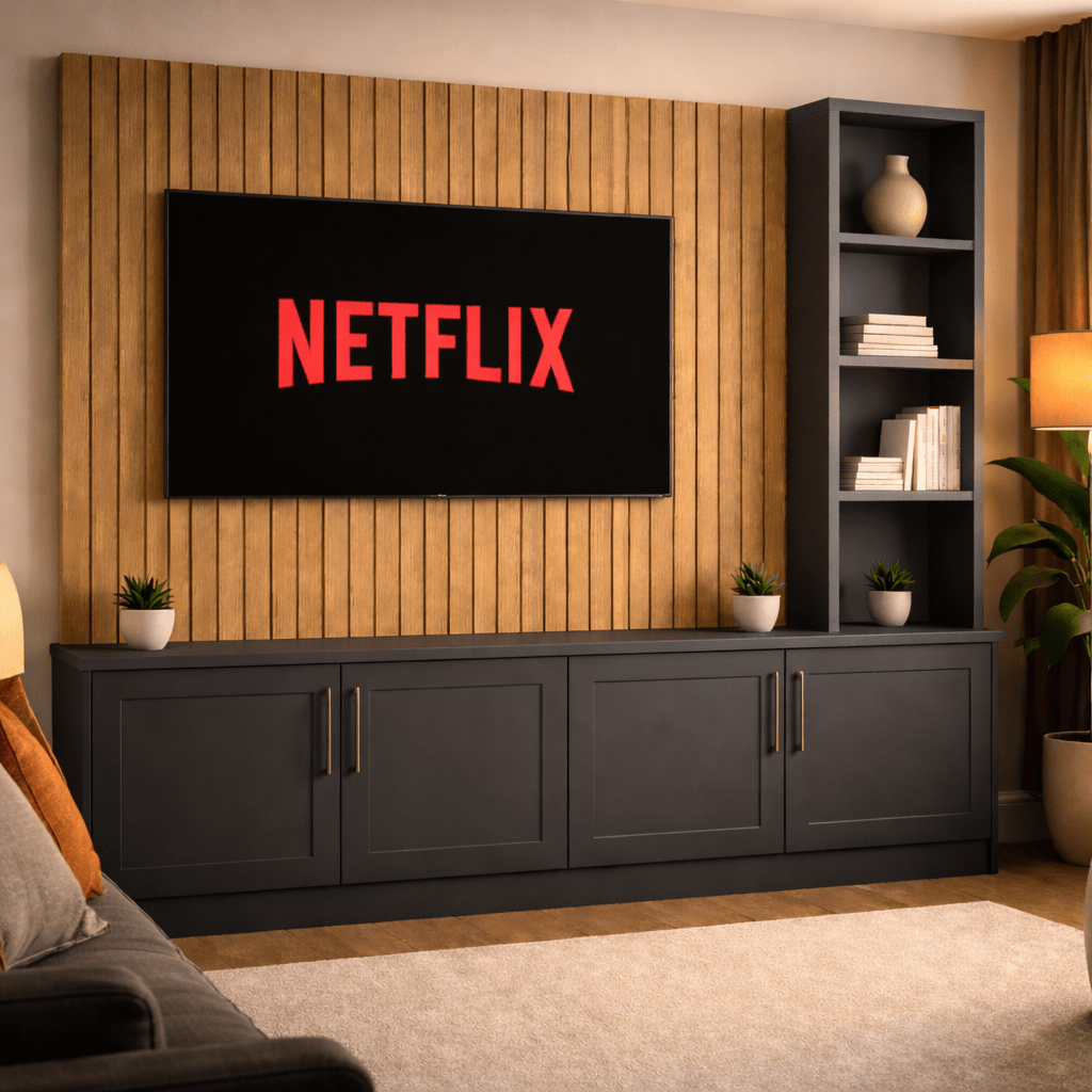 Media Wall Entertainment Shaker Door Base Unit - Right Hand Shelving - For Up to 130" TVs 3 - Online Bedrooms