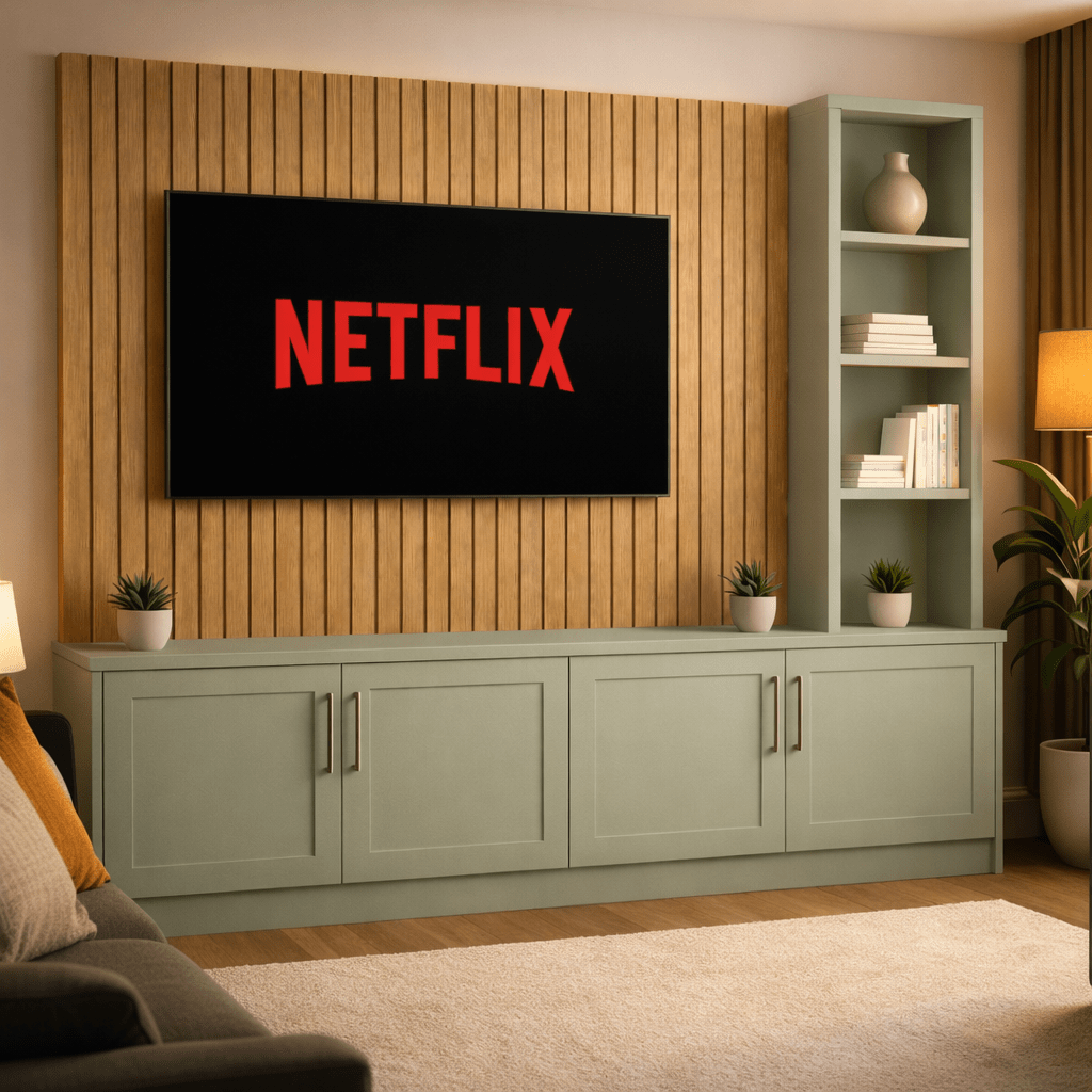 Media Wall Entertainment Shaker Door Base Unit - Right Hand Shelving - For Up to 130" TVs 6 - Online Bedrooms