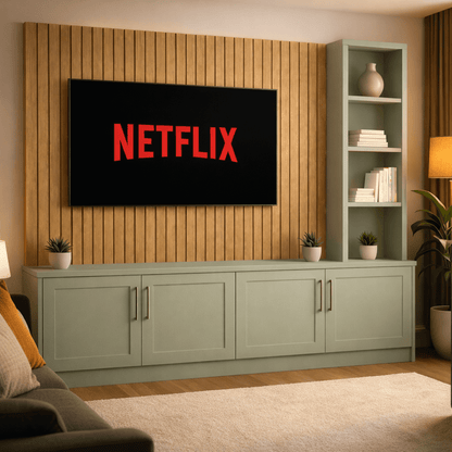 Media Wall Entertainment Shaker Door Base Unit - Right Hand Shelving - For Up to 130" TVs 6 - Online Bedrooms