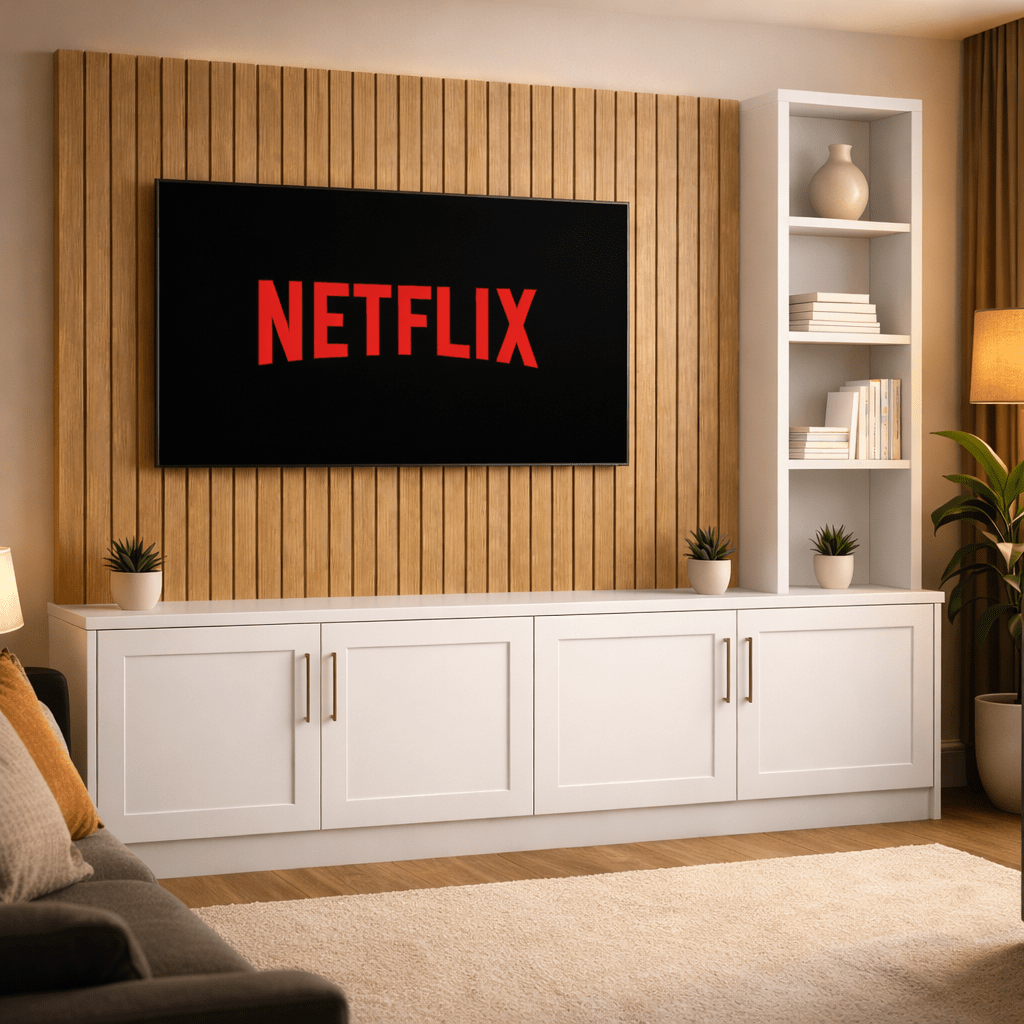 Media Wall Entertainment Shaker Door Base Unit - Right Hand Shelving - For Up to 130" TVs 1 - Online Bedrooms