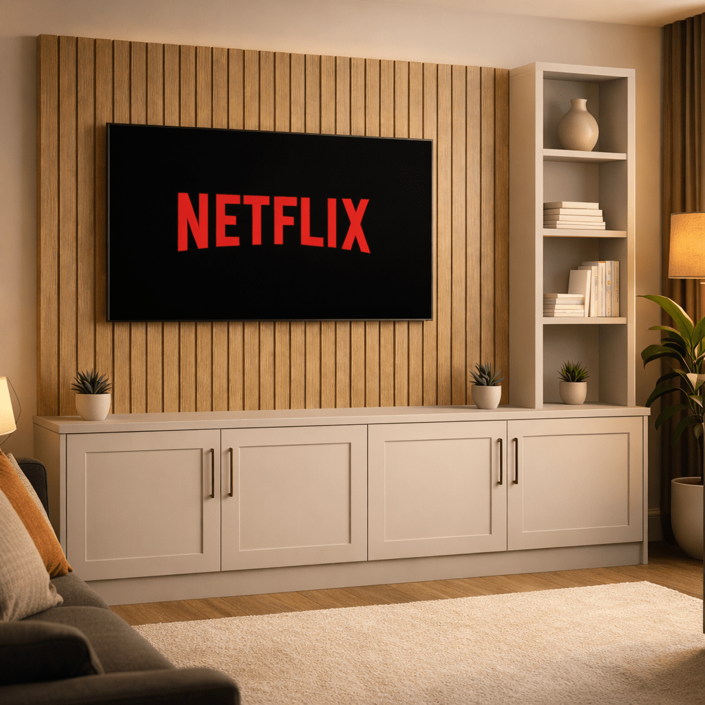Media Wall Entertainment Shaker Door Base Unit - Right Hand Shelving - For Up to 130" TVs 2 - Online Bedrooms
