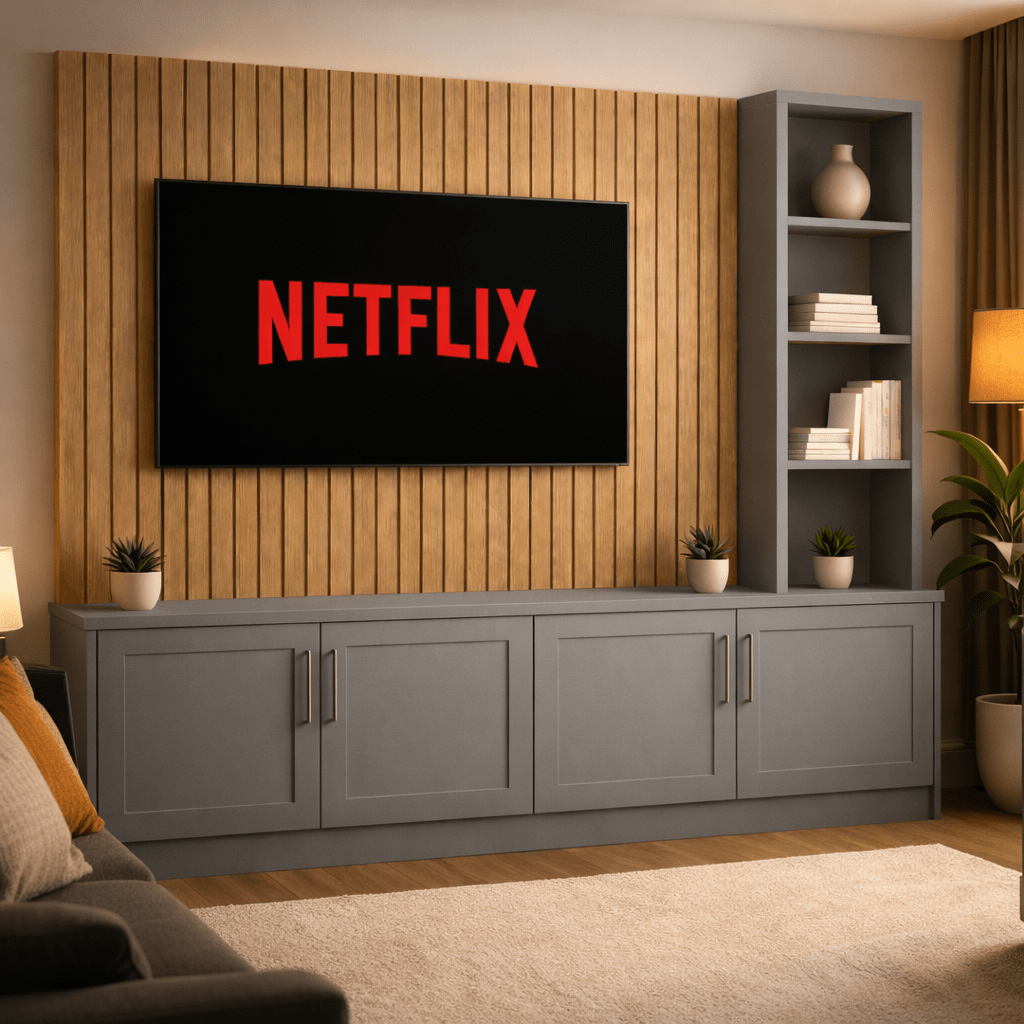 Media Wall Entertainment Shaker Door Base Unit - Right Hand Shelving - For Up to 130" TVs 5 - Online Bedrooms