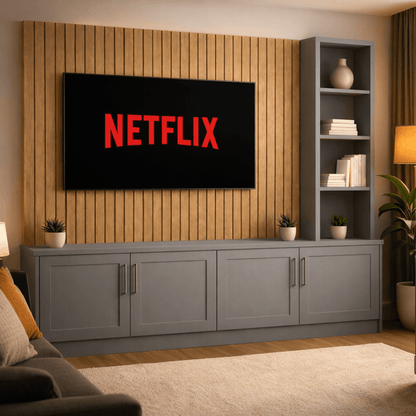 Media Wall Entertainment Shaker Door Base Unit - Right Hand Shelving - For Up to 130" TVs 5 - Online Bedrooms