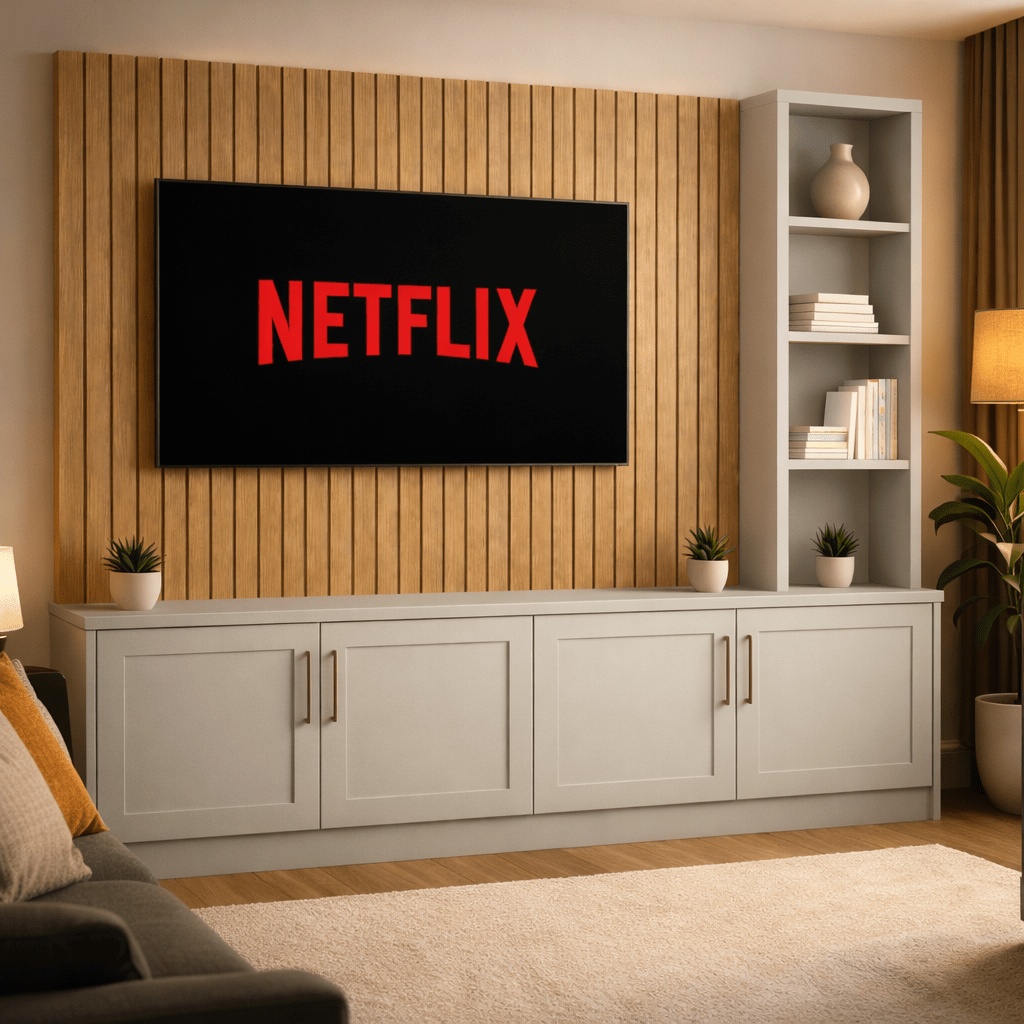 Media Wall Entertainment Shaker Door Base Unit - Right Hand Shelving - For Up to 130" TVs 4 - Online Bedrooms