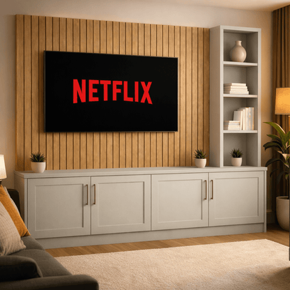 Media Wall Entertainment Shaker Door Base Unit - Right Hand Shelving - For Up to 130" TVs 4 - Online Bedrooms